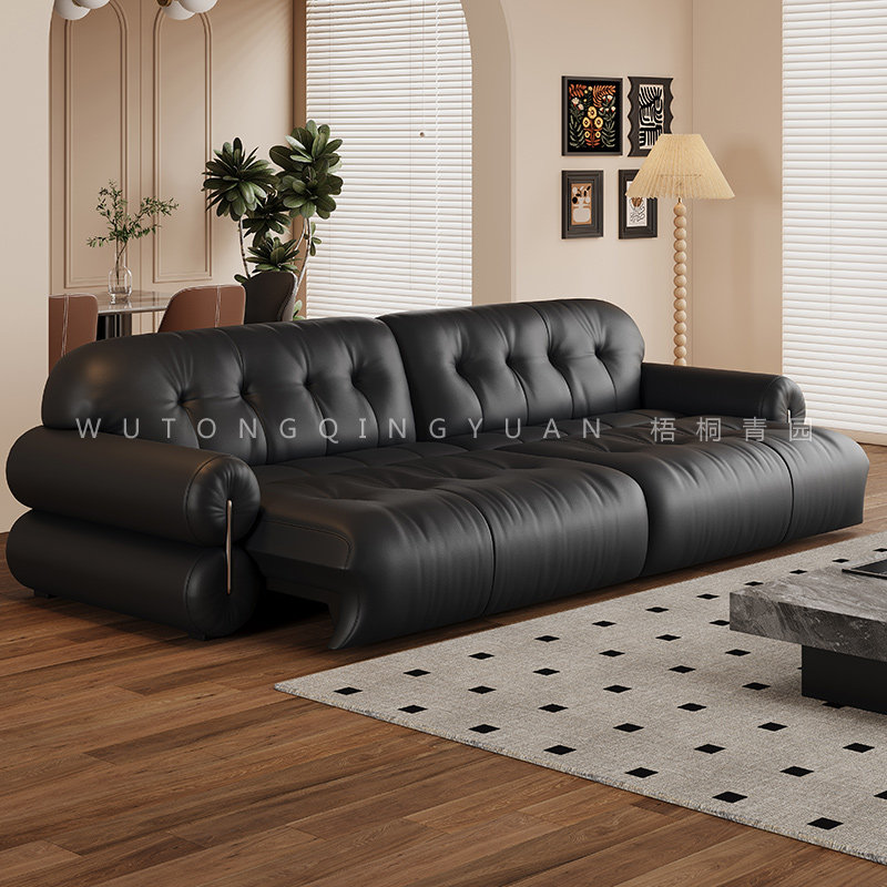 复古风真皮电动沙发多功能伸缩可变床两用黑糖云朵中古风沙发