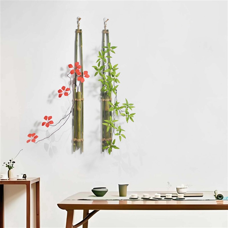 竹墙壁面挂插花器竹花道新中式家居仿真石榴花枝绿植造景