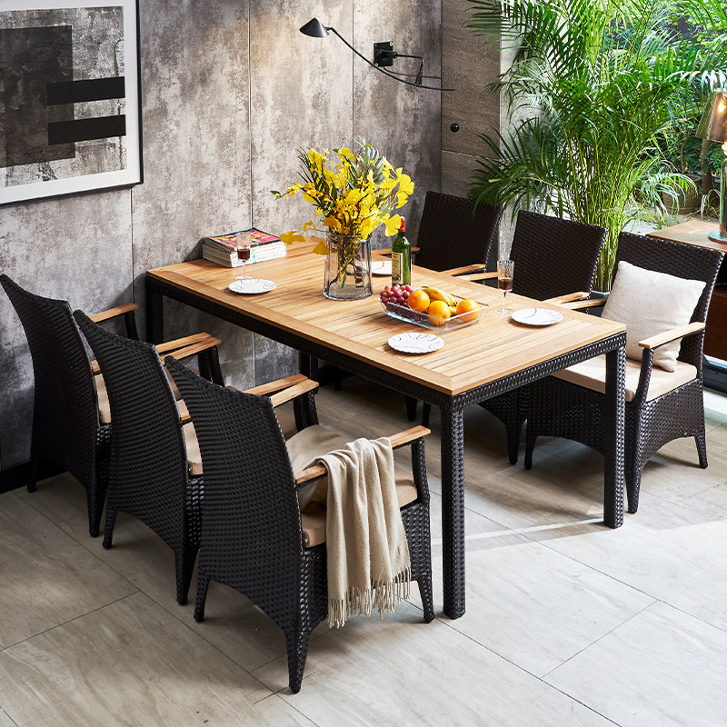 户外桌椅庭院休闲柚木藤编桌椅室外花园露天阳台铝合金餐桌椅组合