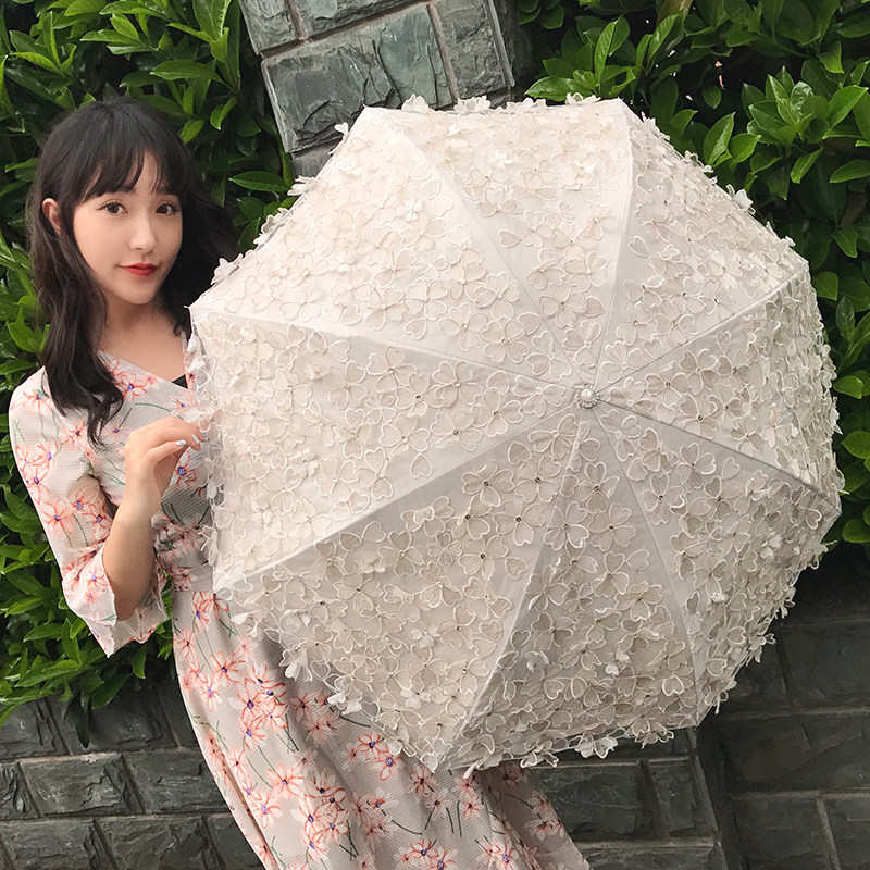 双层遮阳伞二折立体蕾丝刺绣花太阳伞黑胶晒公主伞