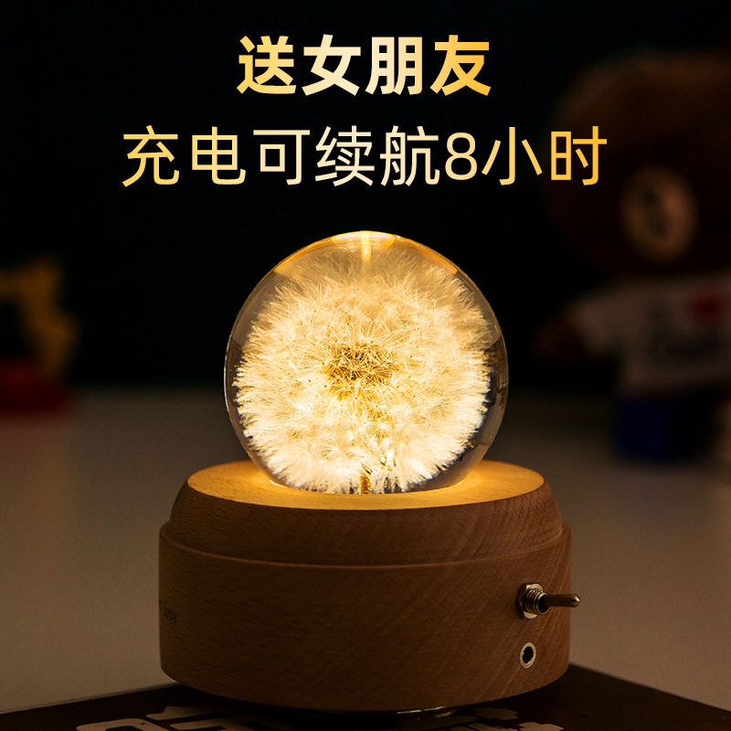 蒲公英八音盒晶球音乐盒永生花植物标本树脂情人节夜