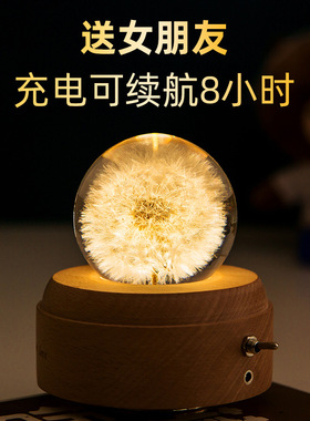 蒲公英八音盒晶球音乐盒永生花植物标本树脂情人节夜