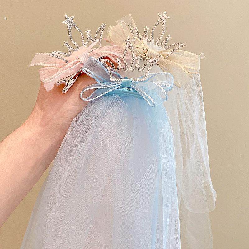 儿童公主头纱小女孩立体亮钻皇冠发卡宝宝顶夹生日拍照纱纱头饰品