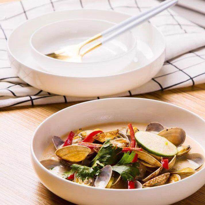 纯白色骨瓷窝深盘家用蒸蛋专用盘圆形陶瓷餐具盘子家用炒菜汤盘