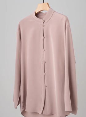 好美的粉紫色！真z~y6A级22姆米弹力重绉真丝新中式立领衬衫女春