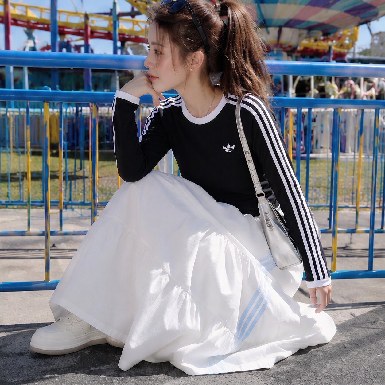阿迪达斯女装上衣官方正品2026秋季新款三叶草运动服黑白长袖T恤