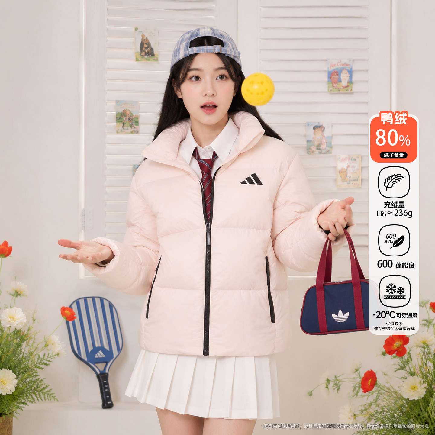 耶运动阿迪达斯女短款羽绒服冬季鸭绒CLIMAWARM科技立领粉色外套
