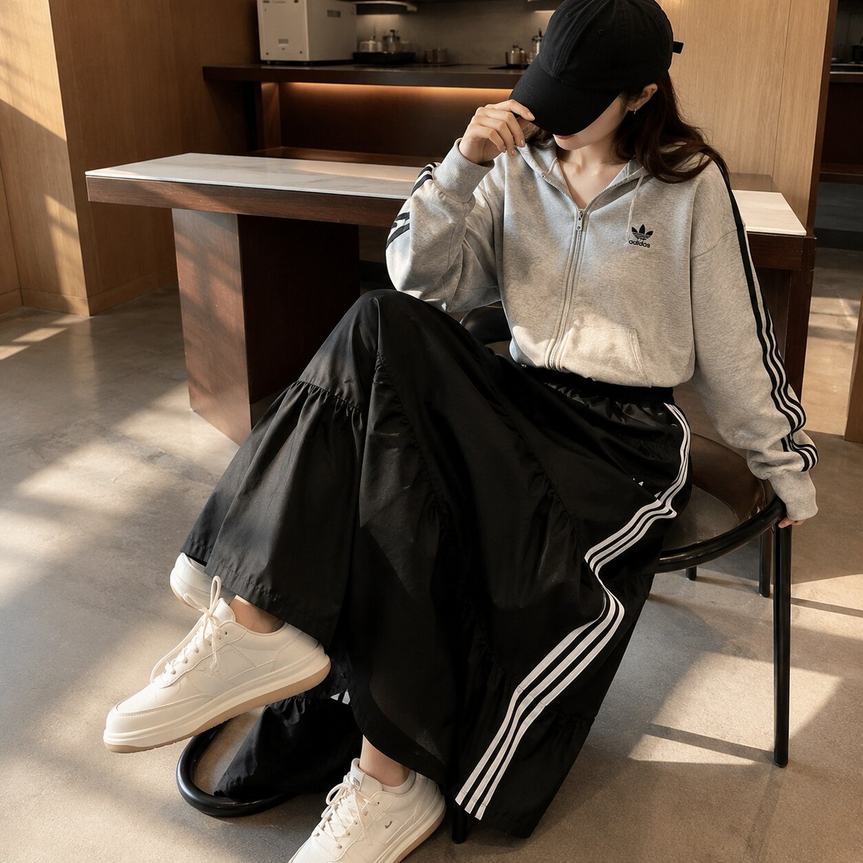 耶运动阿迪达斯半身裙官方正品黑色女百褶裙三叶草秋季新款长裙子