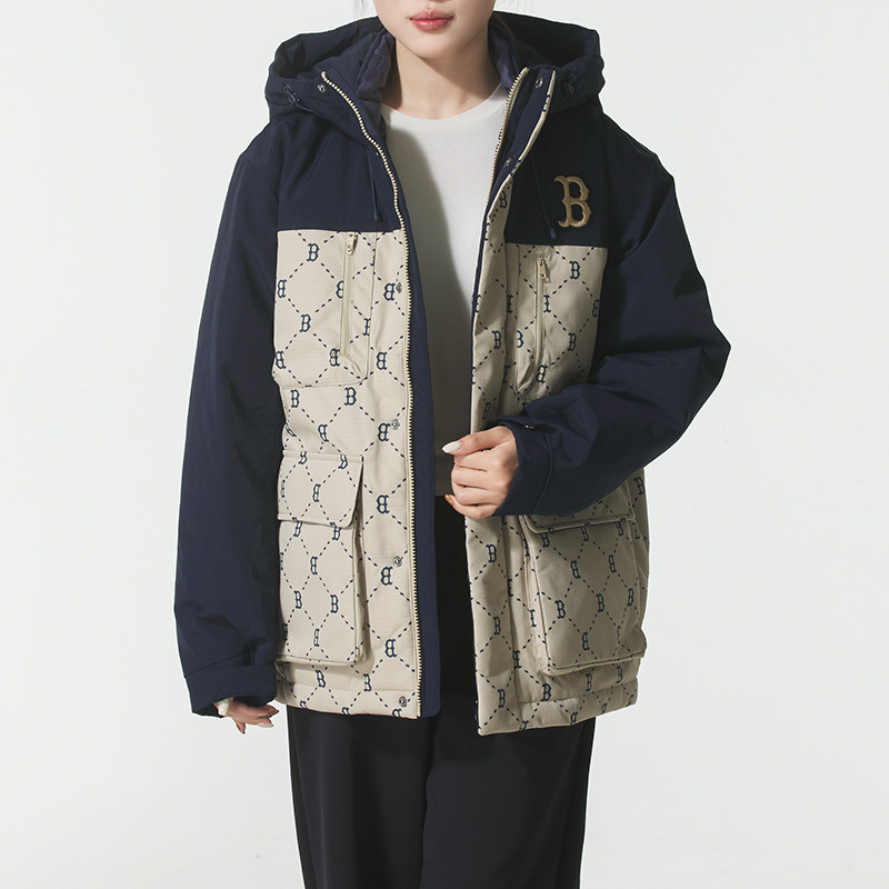 耶运动MLB男装女装冬季运动羽绒服复古老花系列休闲保暖连帽上衣