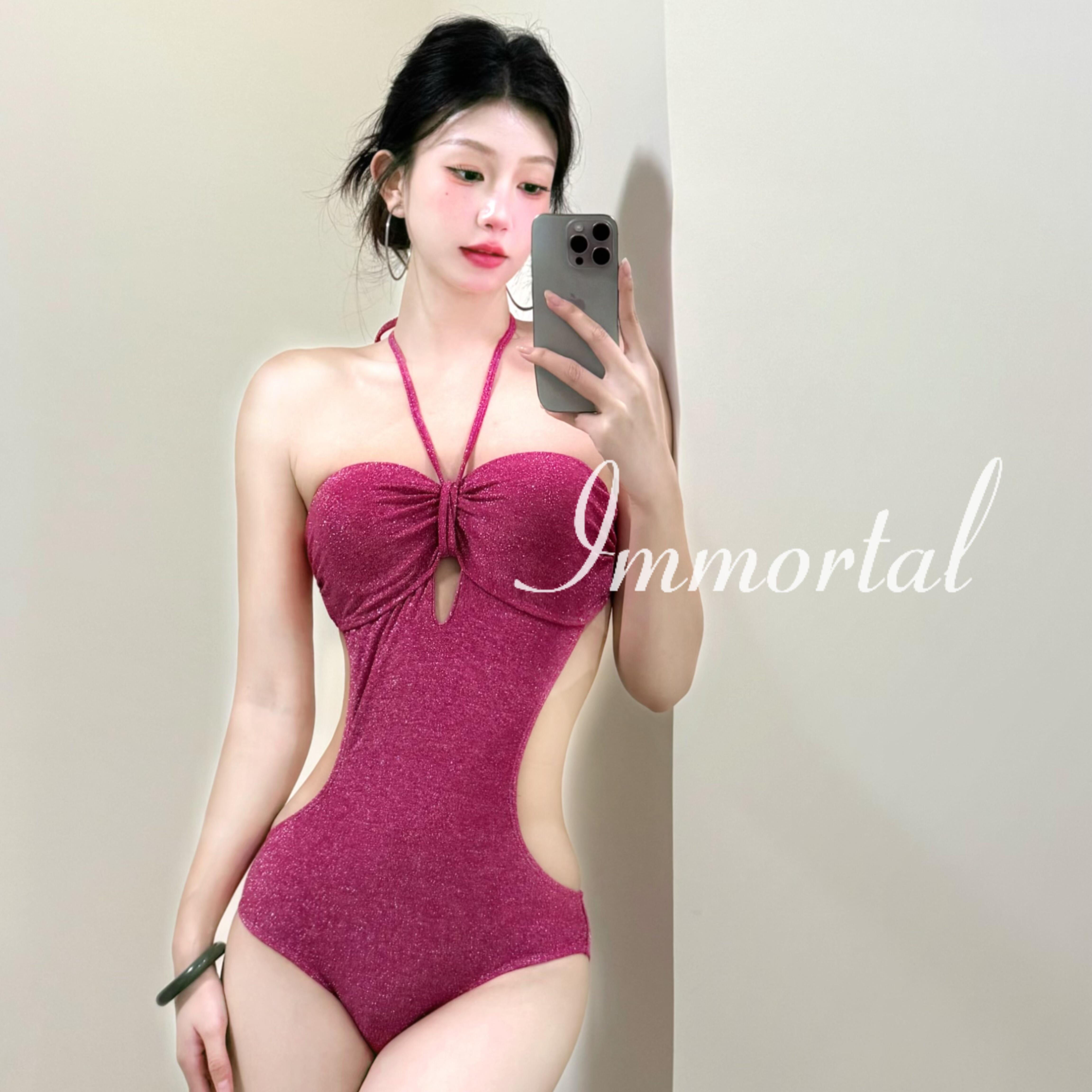 IMMORTAL冯提莫同款女士性感连体泳衣火龙果色绝美度假沙滩泉泳衣