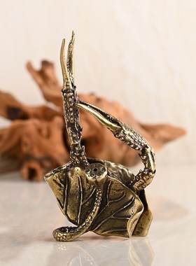 螃蟹装饰摆件手工黄铜仿古荷叶螃蟹茶玩创意茶台茶桌盆景鱼缸造景