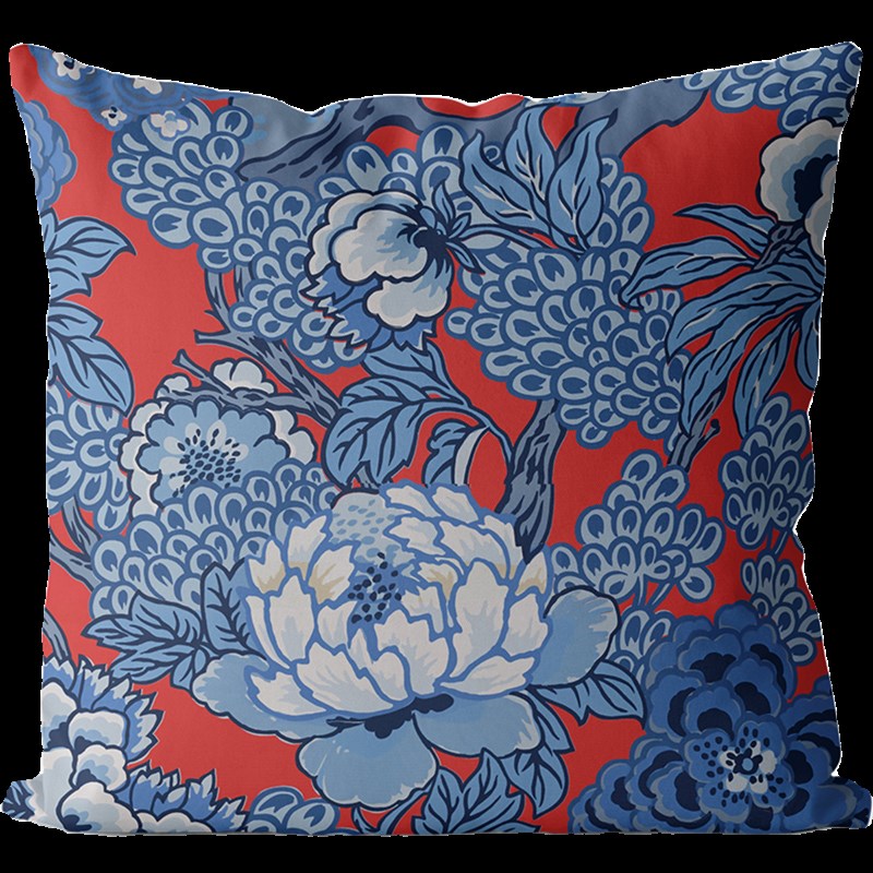 复古中式风格红色图案棉麻双面抱枕沙发靠垫套床头大靠背装饰腰枕
