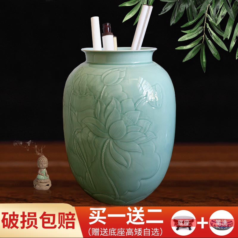 新中式陶瓷瓶纯手工青花瓷大号书画桶画缸卷轴缸书房收纳落地摆件