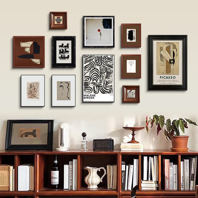 现代简约民宿艺术组合装饰画中古侘寂风客厅沙发背景复古怀旧挂画