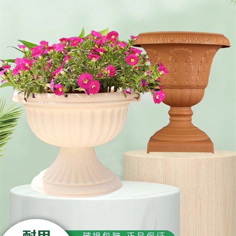 爱丽思树脂花盆欧式复古庭院户外浮雕仿陶瓷酒杯型高脚矮牵牛球菊