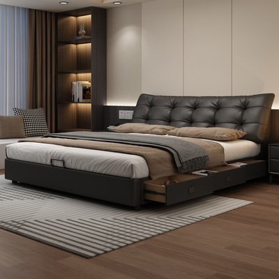 意式极简大黑熊软包真皮床带抽屉储物床2米x2米主卧大床2025新款