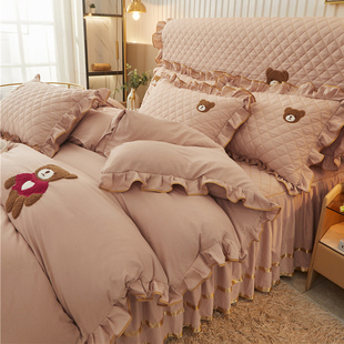 韩版 花边被套五件套公主风床上用品 纯色毛巾绣水洗棉四件套床裙款