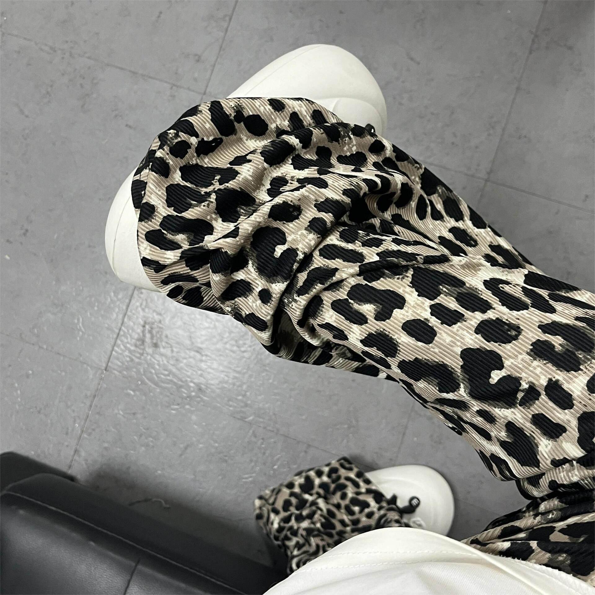 美式复古豹纹阔腿抽绳遛弯新款薄高腰垂感休闲直筒冰丝拖地