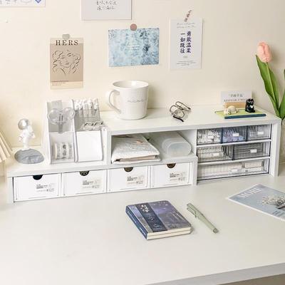 桌面双层增高架可伸缩办公室电脑置物架工位书桌桌上收纳盒带抽屉