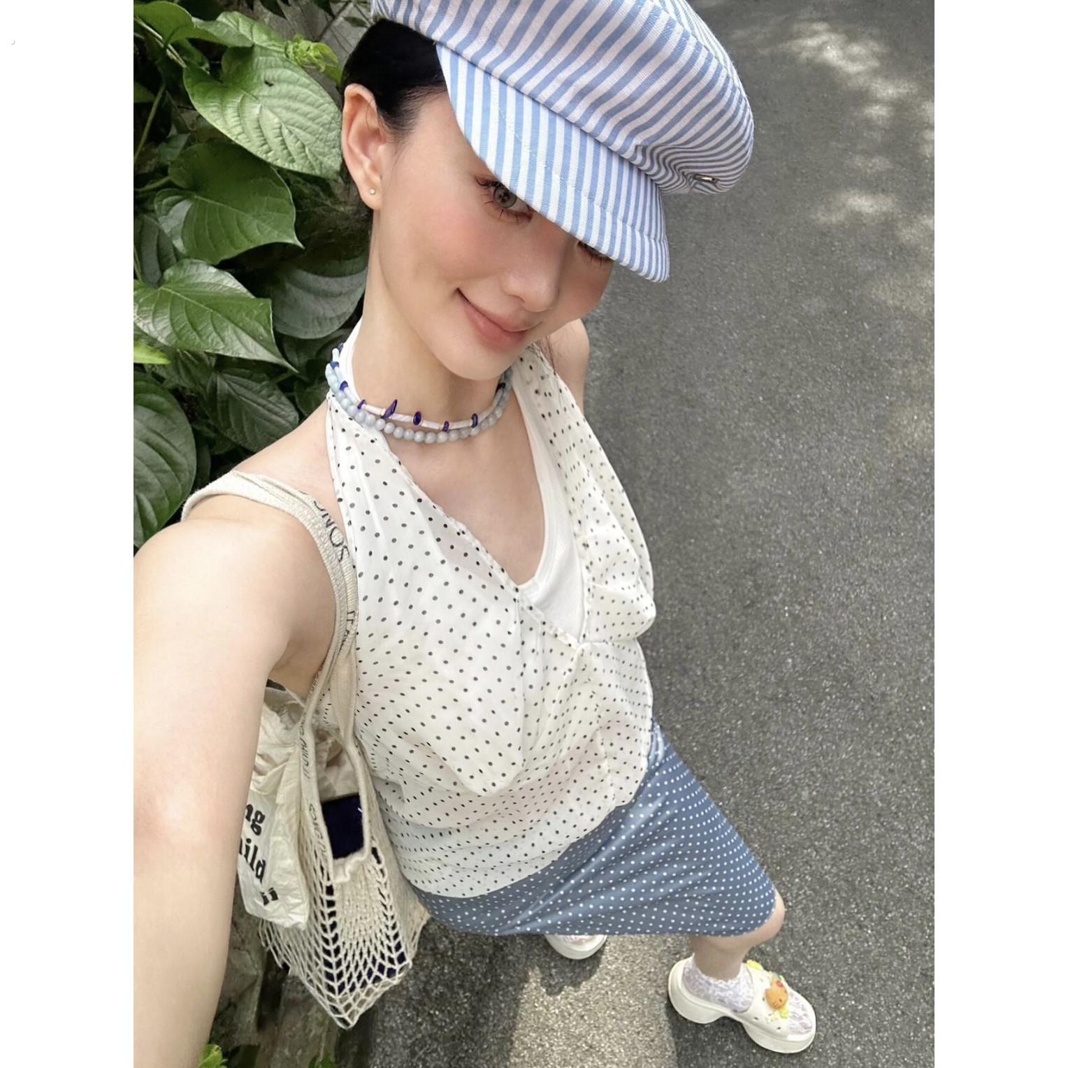 航海风小格纹条纹画家帽女英伦百搭报童帽皮帽檐贝雷帽平顶海军帽