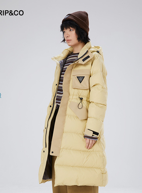 TRIP&CO2025新款女款户外潮流舒适宽松口袋连帽长款收腰羽绒服