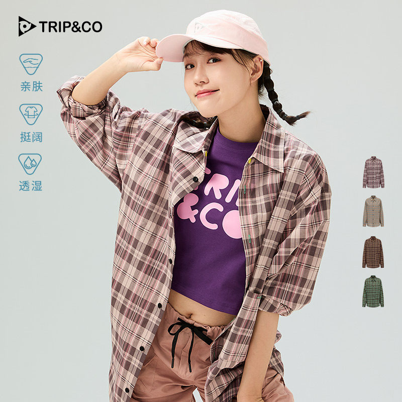 TRIP&CO奇湃刻韩系短袖衬衫女新款格纹衬衣外套薄款宽松显瘦上衣