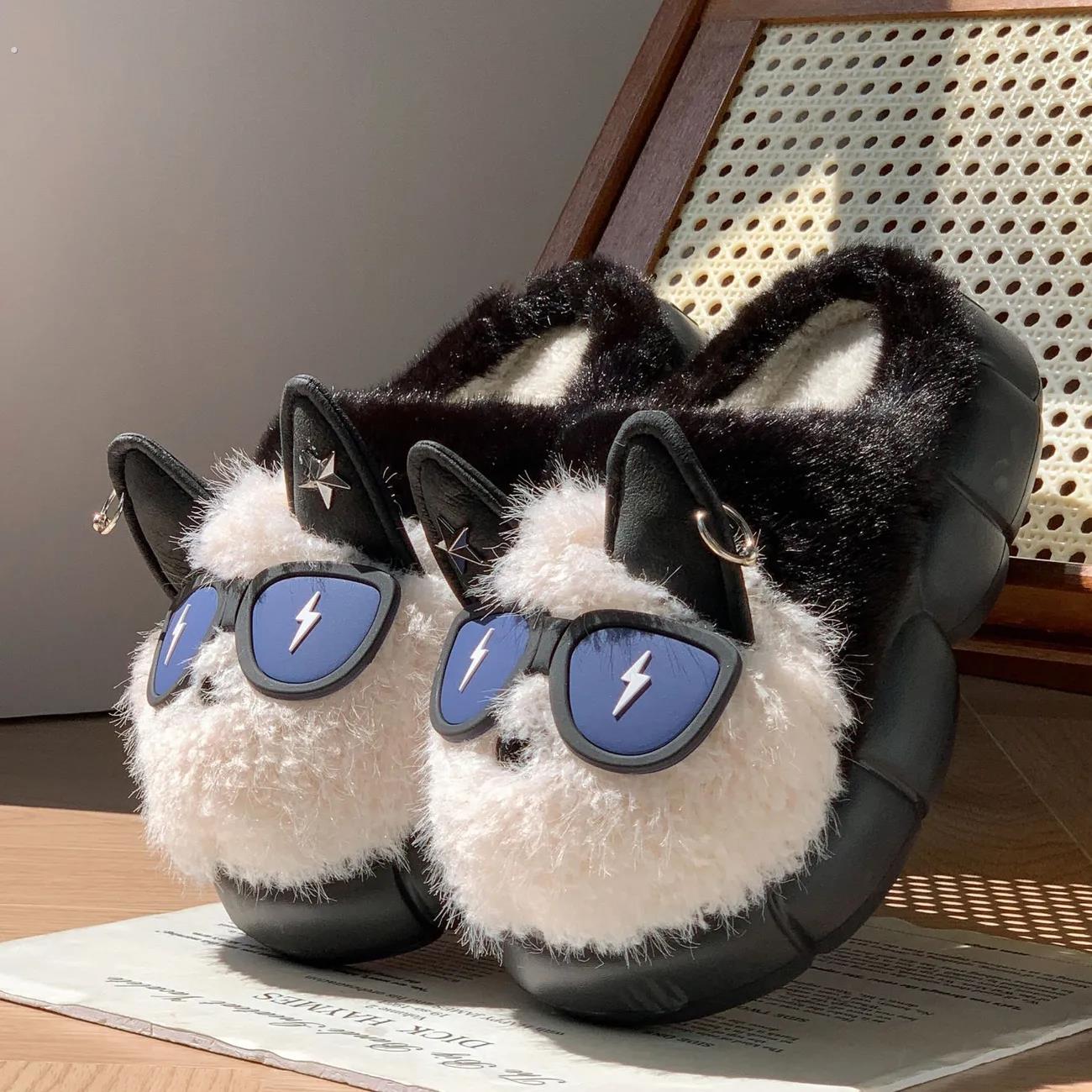 超酷小狗EVA厚底情侣毛毛拖鞋女冬季室内家居保暖大码宿舍棉拖鞋