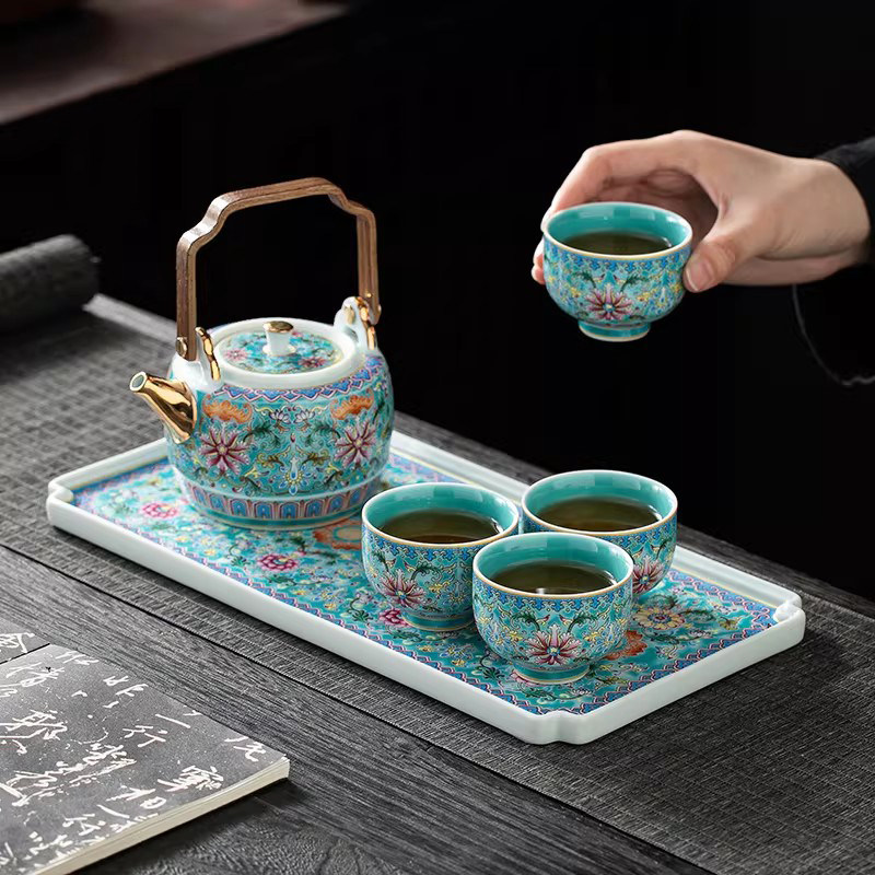 珐琅彩茶壶套装景德镇陶瓷家用提梁壶干泡盘高档礼盒装泡茶壶茶杯