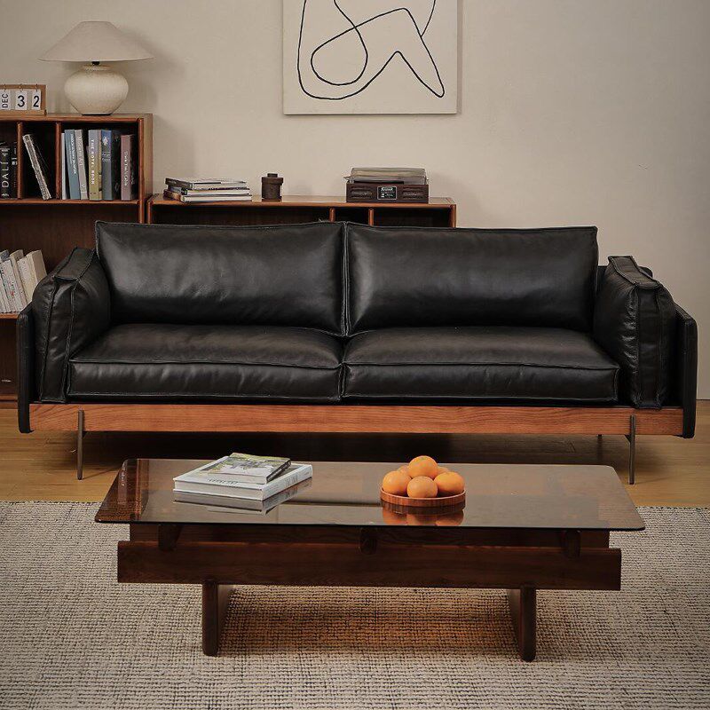 中古风真皮沙发小户型直排现代简约原木风皮艺YUZU沙发