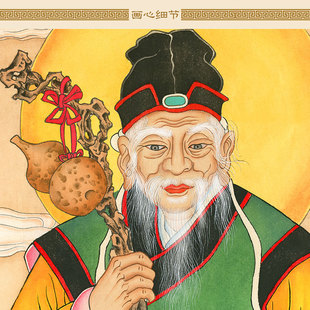土地爷公公三联中堂画 神仙人物画像卷轴挂画 绢布材质装饰画定
