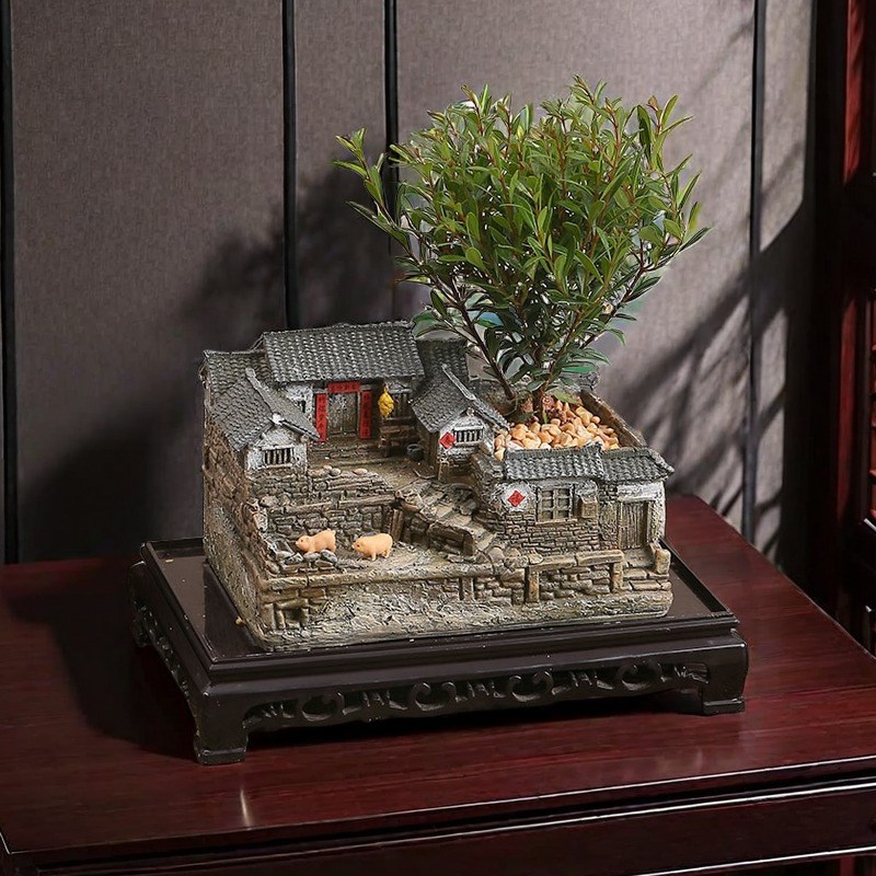 怀旧老房子桌面盆栽盆景造景树脂摆件创意客厅茶几装饰工艺品摆设