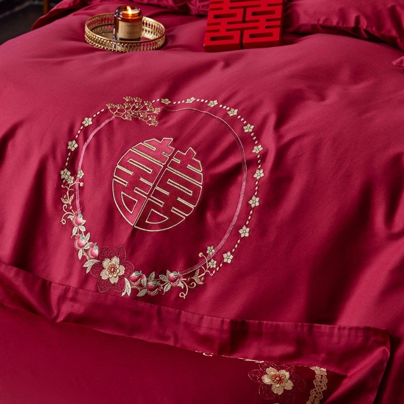 罗兰家纺浪漫新婚四件套全棉红色刺绣结婚被套床上用品,床上用品,婚庆床品套件,淘宝优惠券,粉丝福利购,淘宝优惠卷
