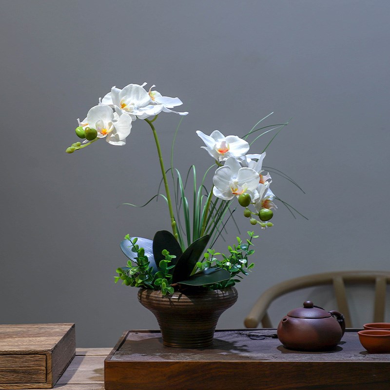 中式仿真花手感蝴蝶兰小盆栽假花客厅桌面摆件玄关餐厅摆设装饰花