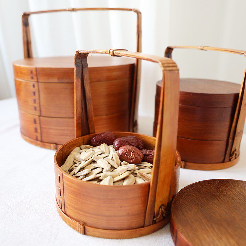 野餐便捷食物便当盒木质复古手提篮中式周岁月饼品食盒