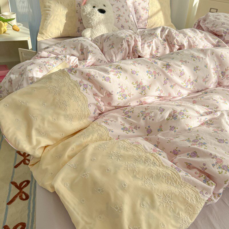 韩版小碎花公主风被套四件套镂空双人被罩少女心宿舍床单人三件套