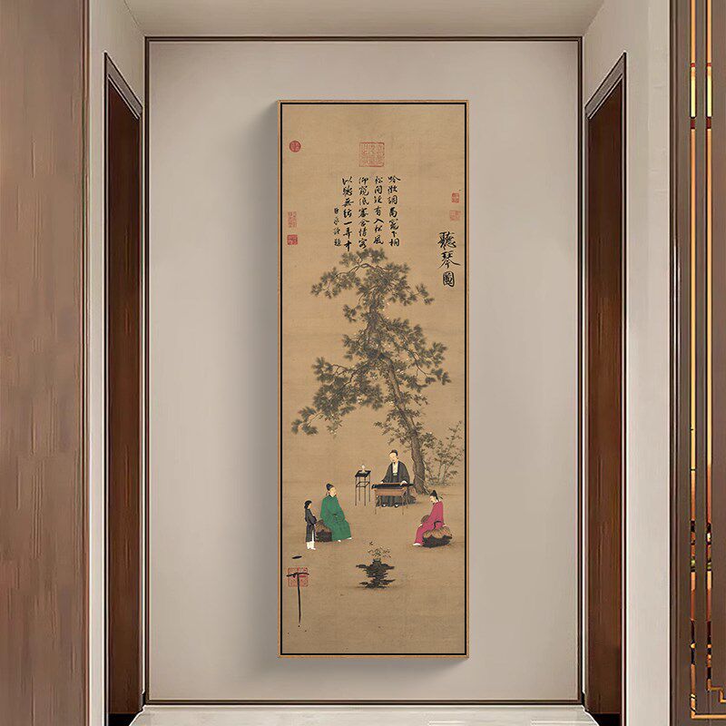 玄关画挂画复古国画书房茶室壁画宋徽宗听琴图
