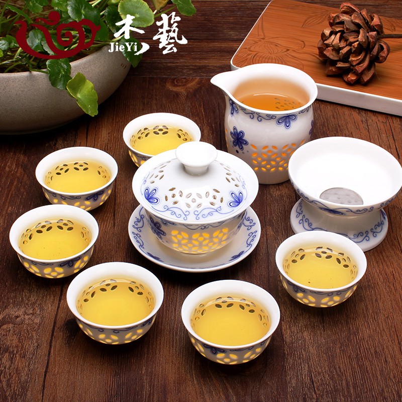杰艺 青花瓷玲珑茶具装 陶瓷整功夫茶具蜂窝镂空茶壶茶杯盖碗