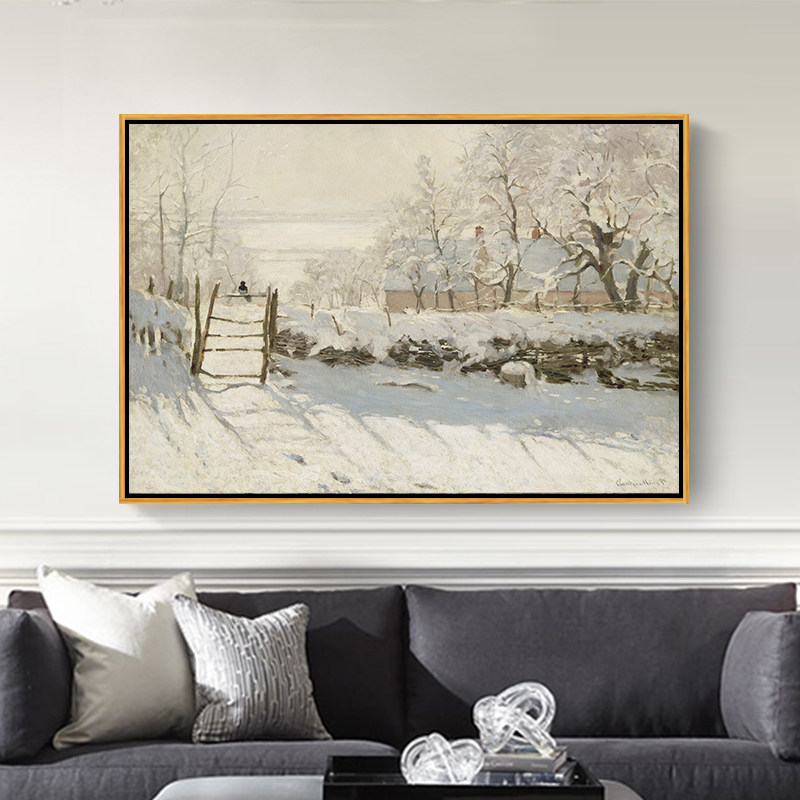 喜鹊 莫奈冬季雪景挂画餐厅背景画壁画仿油画