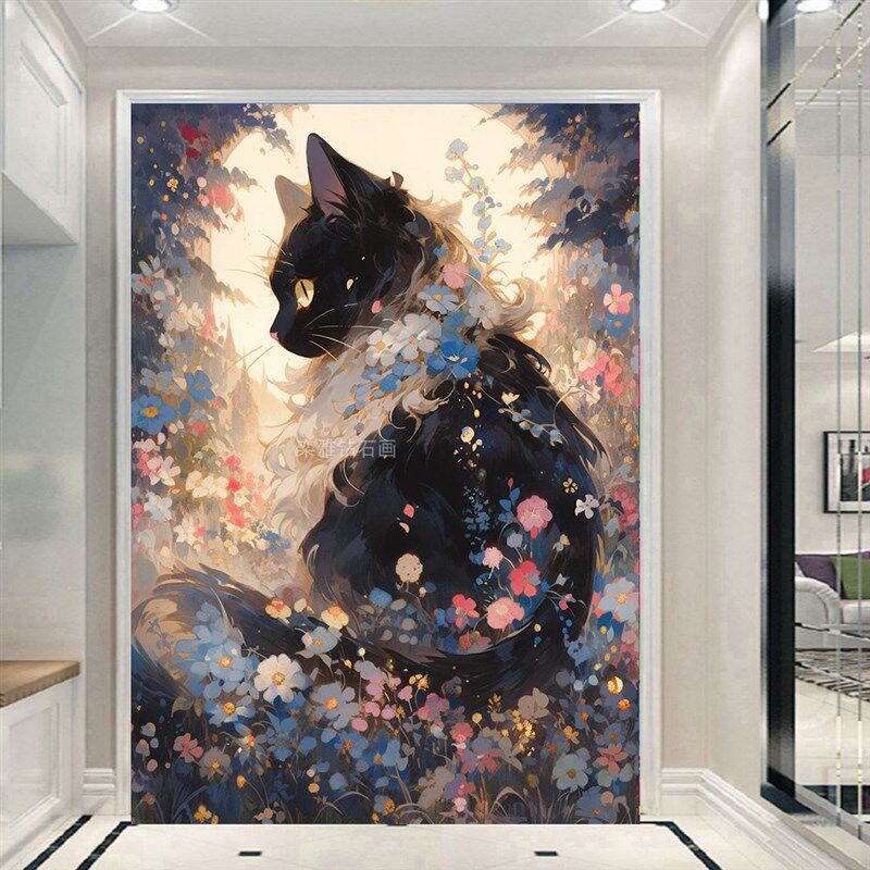 方钻满钻钻石画手工贴钻印花十字绣镶钻花环黑色猫咪
