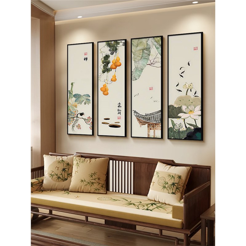 五福临门挂画新中式背景墙画花鸟四条屏餐厅四联壁画