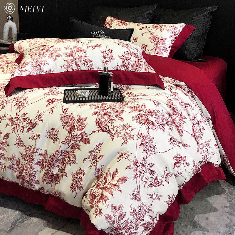 轻奢印花100S全棉磨毛床单四件套结婚喜被红色高级感秋冬床上用品