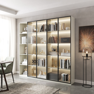 全铝书柜一体整墙储物柜落地书柜家用书柜带玻璃门带灯带金属书柜