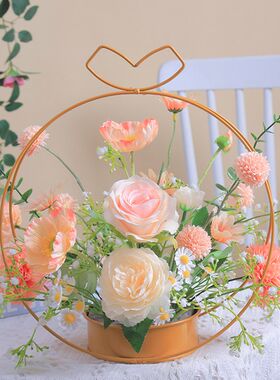 仿真玫瑰雏菊满天星假花花篮插花餐桌仿生花艺摆设