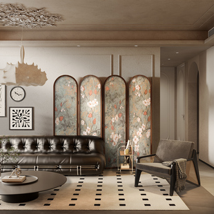 复古南洋风实木可o折叠屏风隔断装 法式 饰玄关客厅抽象移动遮挡折