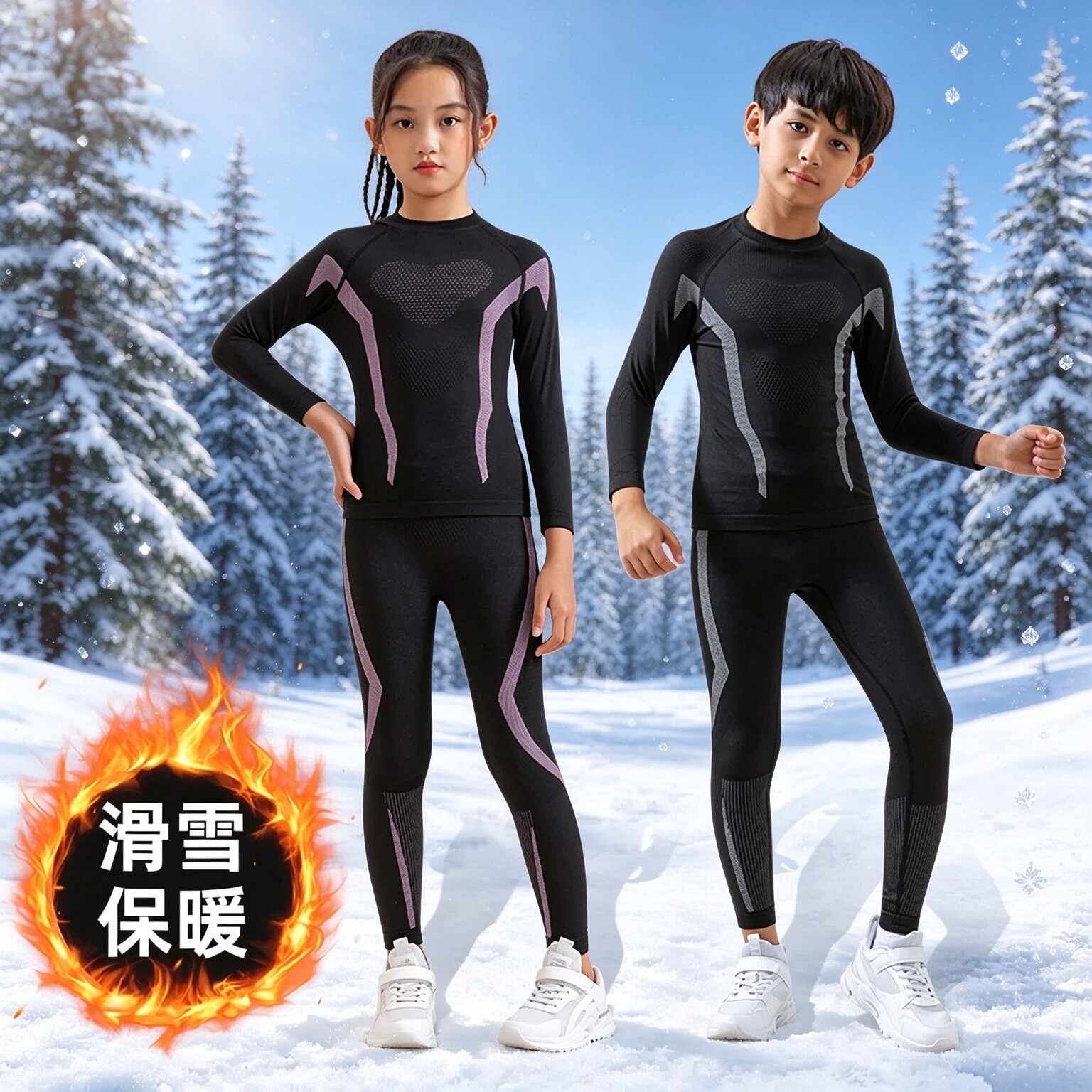 新款户外儿童速干衣滑雪保暖内衣套装冬季男女骑行跑步压缩内衣裤