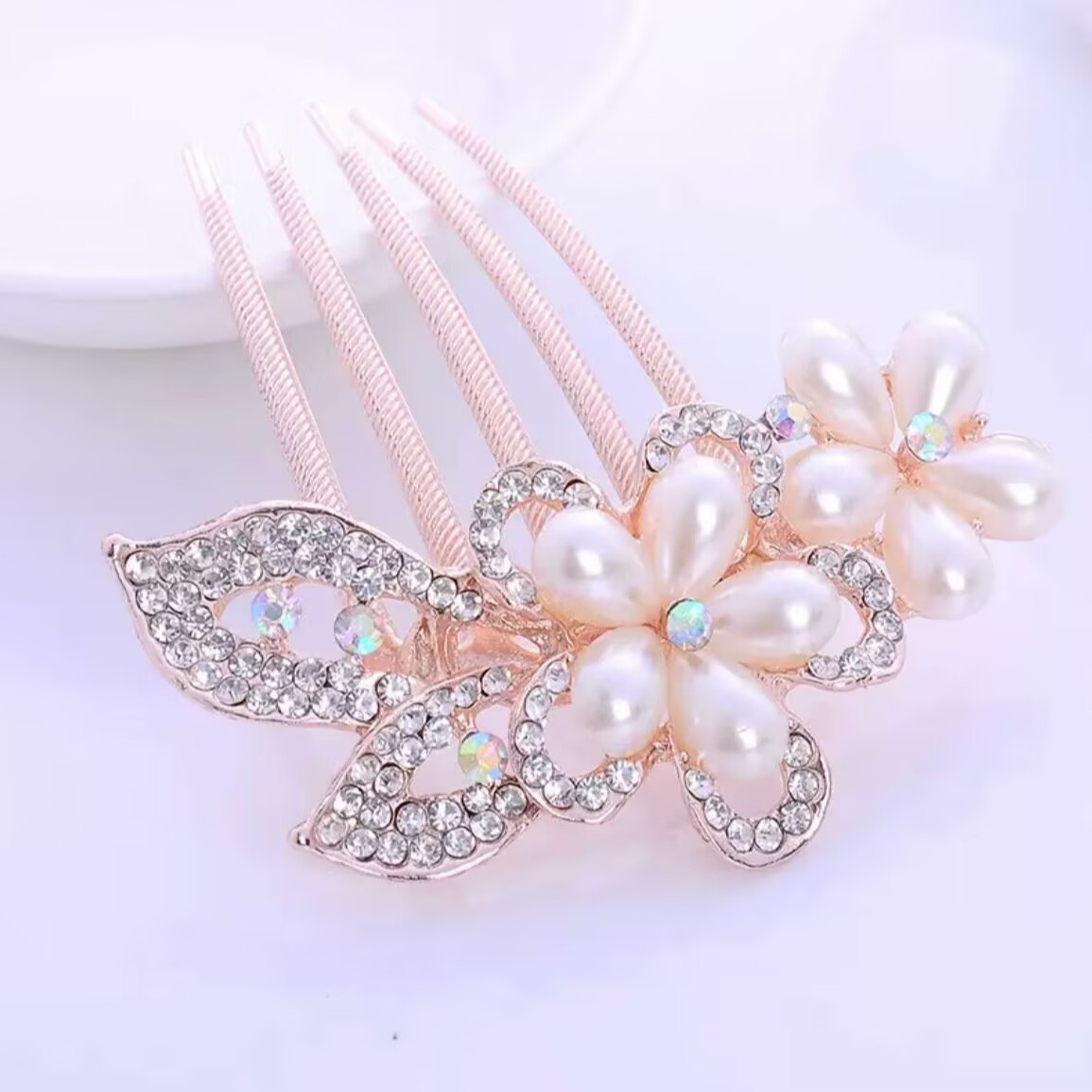 花朵五齿水钻复古插梳发饰蝴蝶结珍珠发梳饰品合金头饰盘发卡