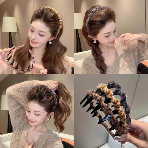 高颅顶发捆豹纹波浪发箍女款秋冬毛绒高级感压发头饰洗脸头箍发卡