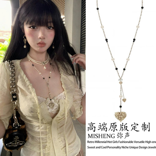 甜酷辣妹浅金色浮雕花纹爱心项链小众设计轻奢百搭叠戴Y字锁骨链