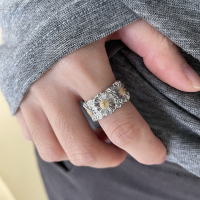 复古拉丝工艺小雏菊开口戒指女精致织纹雕银色宽版指环百搭食指戒