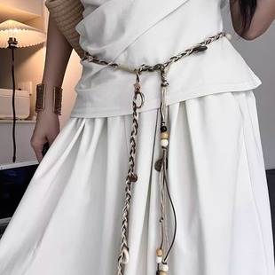 波西米亚金色圆牌吊坠编织腰绳新款 亚麻民族风配裙子绑带显瘦腰带